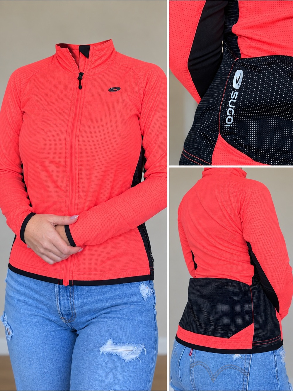SUGOI Women's Coral-Red Full-Zip Performance Jacket with Black Panels